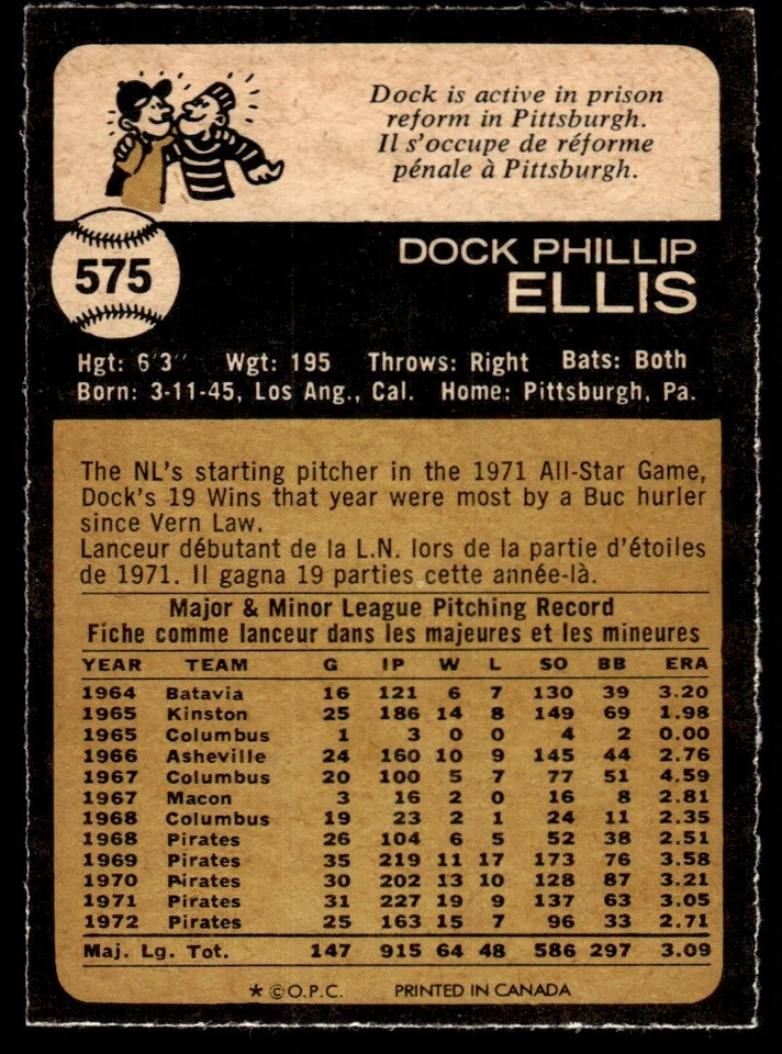 1973 O-Pee-Chee Dock Ellis Pittsburgh Pirates #575 - Image 2 of 2