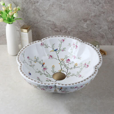 16'' White Flower-shape Bathroom Ceramic Vessel Sink Basin Bowl Pop Drain No Tap
