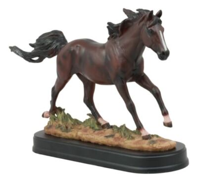 Equestrian Dark Brown Horse Galloping On Wild Pasture Statue With Base 9.25''Long