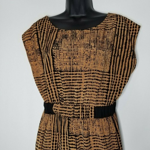 Ya Los Angles Womens Dress Sz Lg Tribal Print Brown Bk Open Back Shirred Waist - Picture 2 of 12
