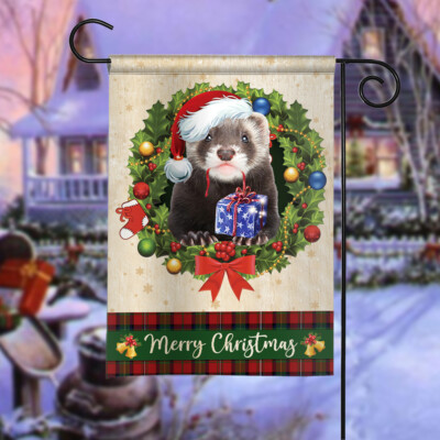 Ferret Merry Christmas Flag, Ferret Christmas Wreath Flag, Ferret Xmas Flag