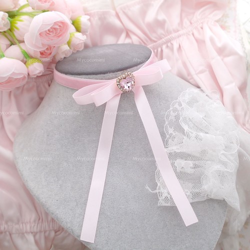 Coquette Baby Pink Velvet Satin Long bow choker necklace , Rhinestone Heart bow - Picture 3 of 5