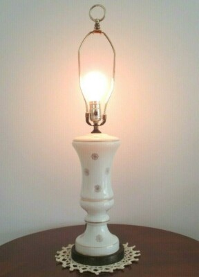 Rare Vintage Hand-painted Gold Flowers On Milk Glass Brass Table Lamp 28.5  Tall