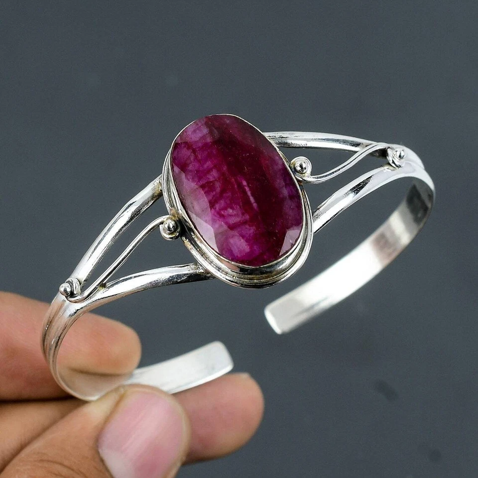 Raw Ruby Bangle 925 Silver Handmade Stetament Women Cuff Bracelet Jewelry #055 - Image 2 of 4