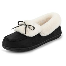 Women's Faux Fur Lined Micro Suede Moccasin Slipper, Size 8 US Women, Black