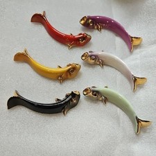 Vintage elegant Gold-Plated Ceramic Knife Rests Set of Six Curved Fish