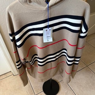 Burberry Mens Icon Stripe Knit Hoodie Archive Beige Wool Sweater XL 8121403