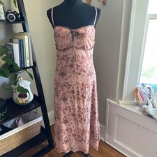 Pink Floral Mesh Midi Dress Sweetheart Tie Front Rose Print Coquette size Large
