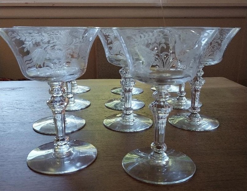 Tiffin-Franciscan Fuschia set of 11 etched crystal champagne coupes