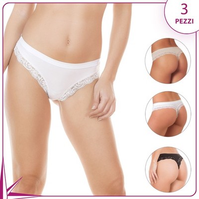 Jadea 519 Women's Thong In Stretch Cotton And Lace 3 Pcs