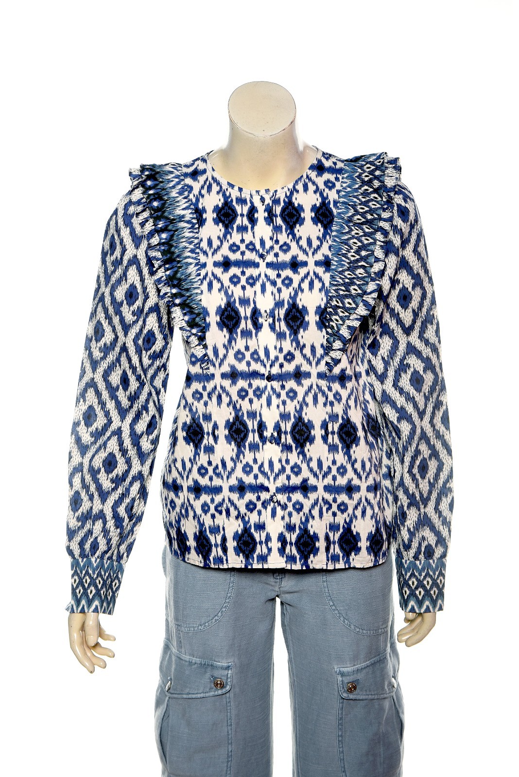 Sezane Boby Blouse Blue Ikat S 36 Women Printed Ruffle Shirt Boho Top NWT 45356