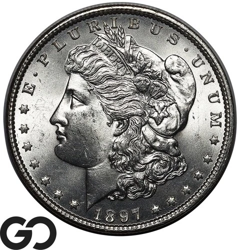 1897 Morgan Silver Dollar Coin, Blast White Gem BU++ Tougher Date
