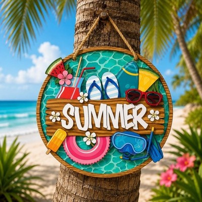 Wooden Summer Door Hanger, Tropical Coastal Welcome Sign Beach House Decor