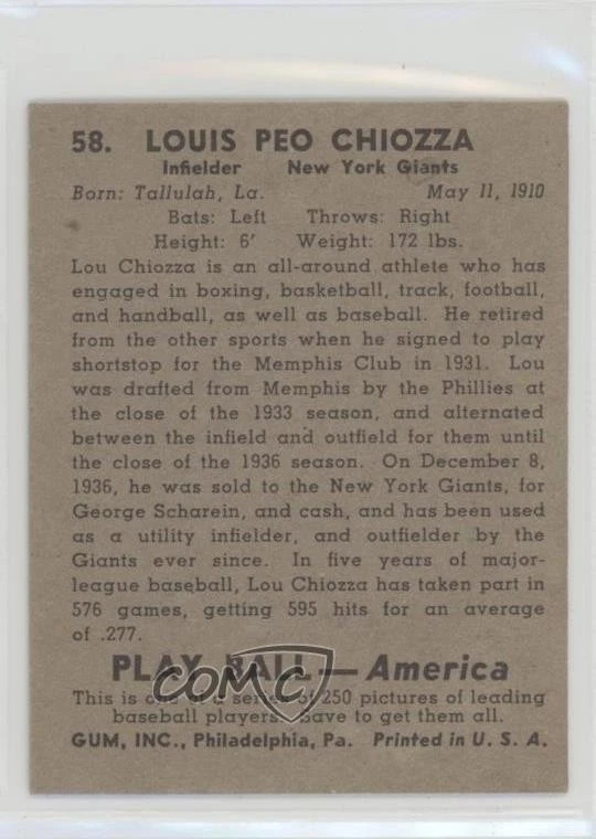 1939 Play Ball Lou Chiozza #58 Rookie RC - Image 2 of 2