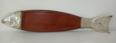 Vintage Fish Cutting Tray 90cm Wood and Silver Metal Salmon Holder MCM