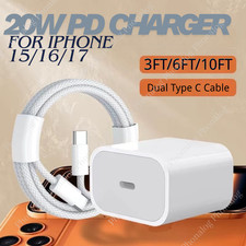 For iPhone 15 16e 17e Android 20W Dual USB-C Fast Charger Block Type-C Cable