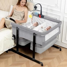 32x36 Twin Bassinet - Foldable Double Bassinet for Twins with Hanging Toys