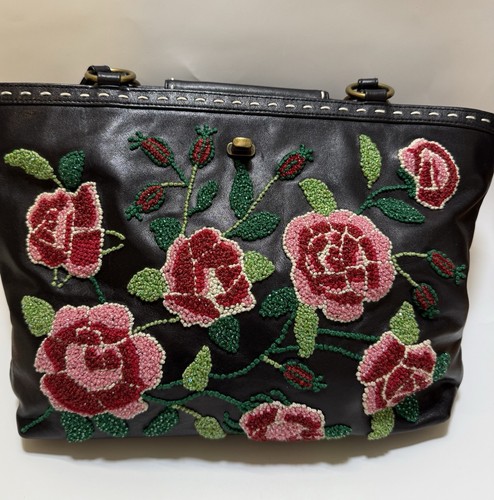 Isabella Fiore Black Pink Floral Beaded Embroidered Shoulder Bag Purse - Picture 12 of 15