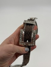 Vintage Rhinestone Studded Belt Silver Tone Brown Leather Size 40