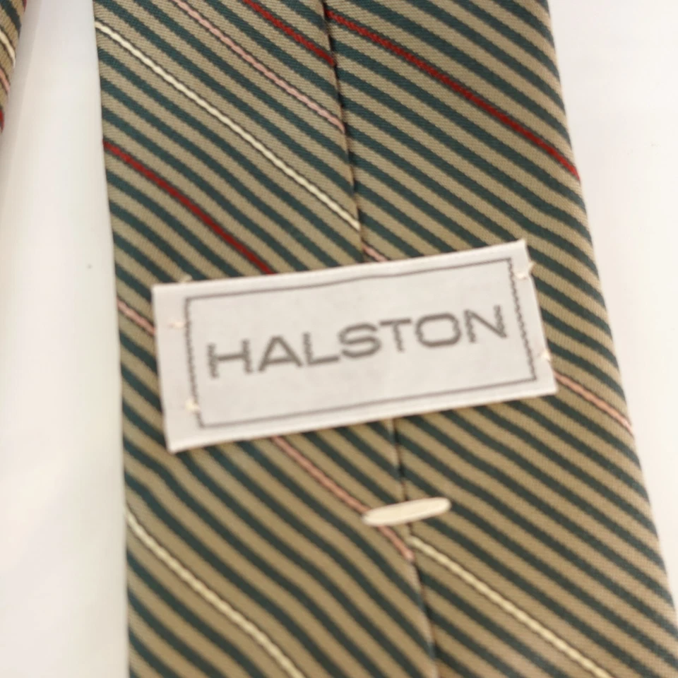 Vestido de Colección Años 70 HALSTON Corbata Cuello Hombres Verde Rayas Logo Diseñador Prendas para el Cuello de Alta Gama Foto 4 de 4