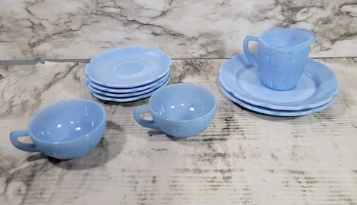 Jeanette Cherry Blossom Delphite Blue Glass Dishes / 9 Piece Set