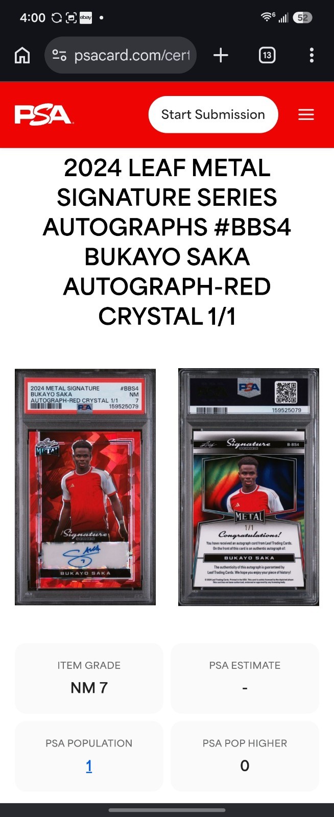 Leaf 2024 Metal Signature Autographs Bukayo Saka Red Crystal Auto 1/1 PSA 7 Pop1 view 3