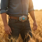 Men Silver Metal Belt Buckle Ethnic Western Vintage Fashion Turquoise Blue Beads