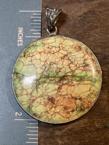 Nice Round Dyed Jasper? Pendant Greens Browns Marked 925