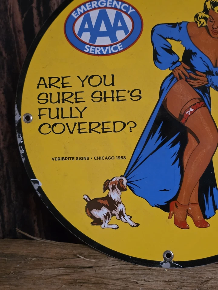 VINTAGE AAA "ARE YOU SURE SHE'S FULLY COVERED" CHICAGO 1958 PORCELAIN SIGN 12" - Image 3 of 4