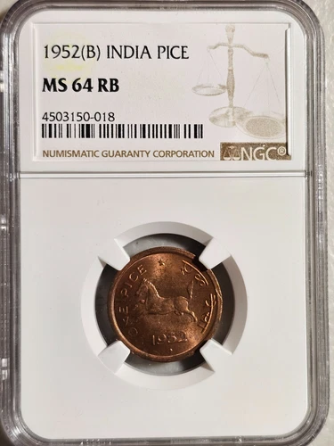 India 1 Pice 1952B NGC MS 64 RB