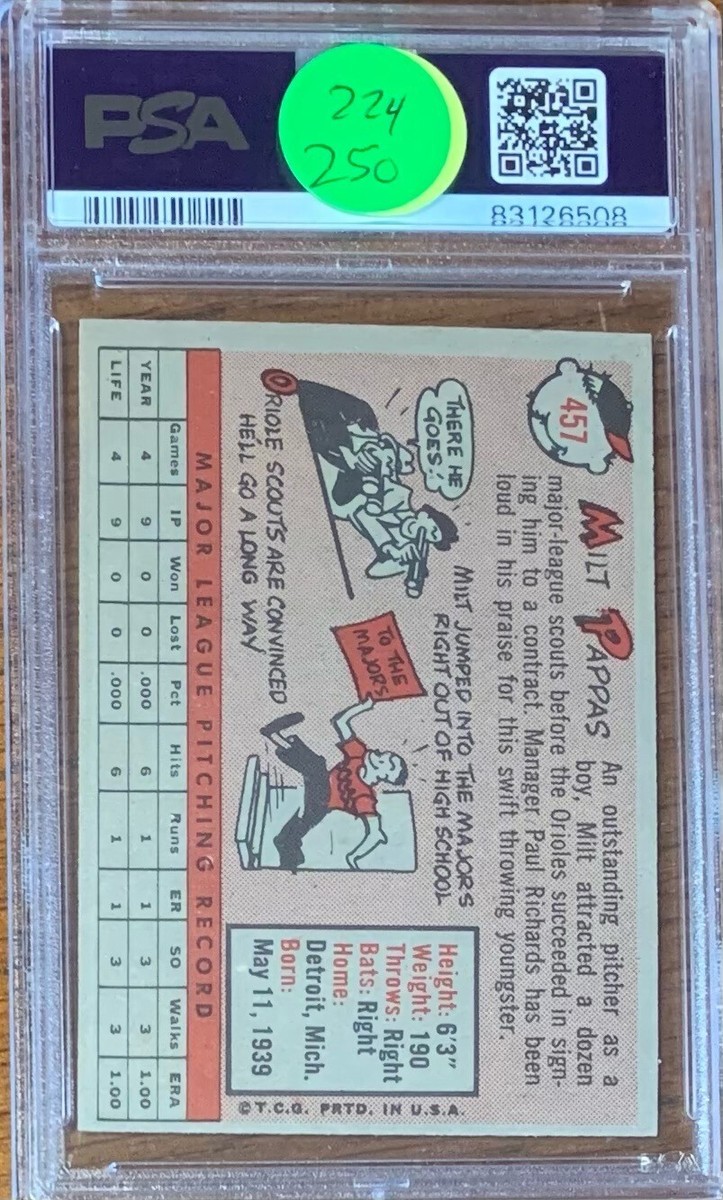 1958 Topps Baseball #457 Milt Pappas Baltimore Orioles Rookie PSA