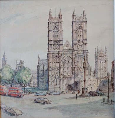 Westminster Abbey, London. 50er Jahre Aquarell von Adeline M Barker (1888-1969)