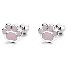 925 Sterling Silver Pink Dog Puppy Paw Enamel Screw Back Stud Earrings PE1