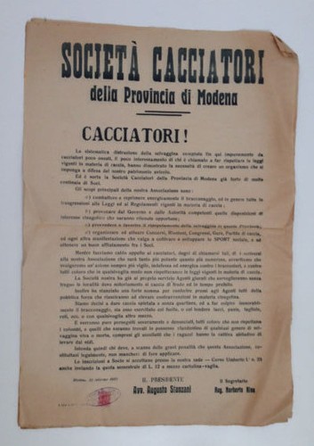 MANIFESTO SOCIETA' CACCIATORI DELLA PROVINCIA DI MODENA 1921 DIM. 42 X 60 CM - Foto 1 di 3