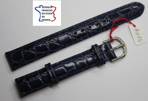 Bracelet Montre 14mm Bleu Nuit Grain Croco - Cuir Véritable, Modèle BA045, Neuf