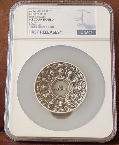 2022 NGC MS 70 CHAD 5oz Silver 25KF "Dii CONSENTES" 27/79 Antiqued