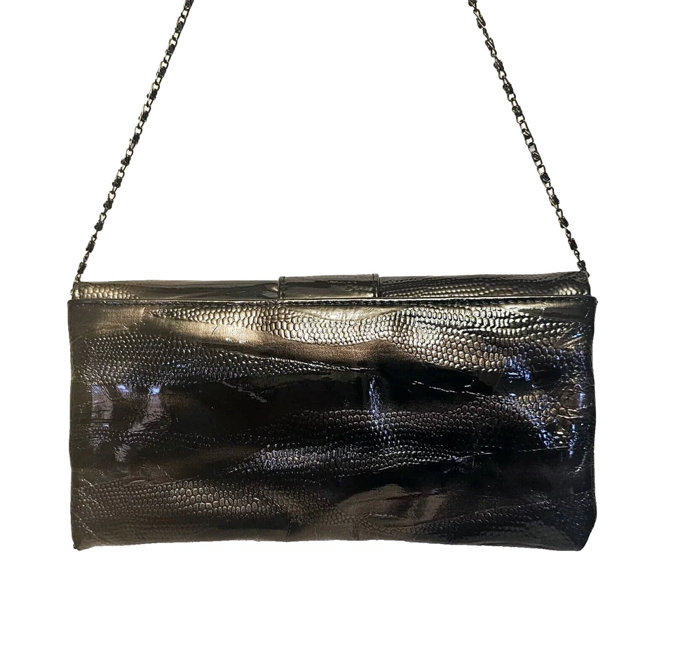 Jessica McClintock Black Patent Evening Fold Over Flap Bag w Chain Strap - Image 3 of 4