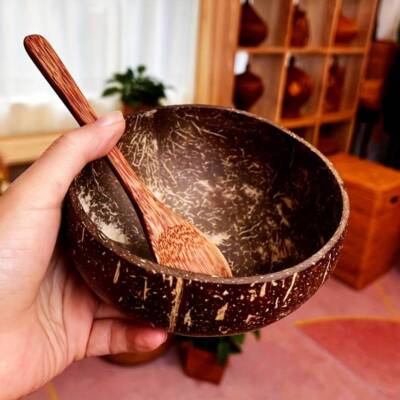 Kokosnuss Schüssel Set Handarbeit Schüsseln Natur Löffel Holz Frühstück Salat Smoothie UK