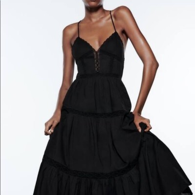 ZARA LACE INSERT MIDI DRESS BLACK SZ L 0881/401 | eBay