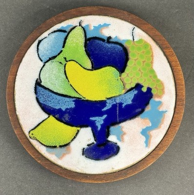 MCM Enamel Fruit Art on Walnut Base Decorative Trivet   Ernest John Style