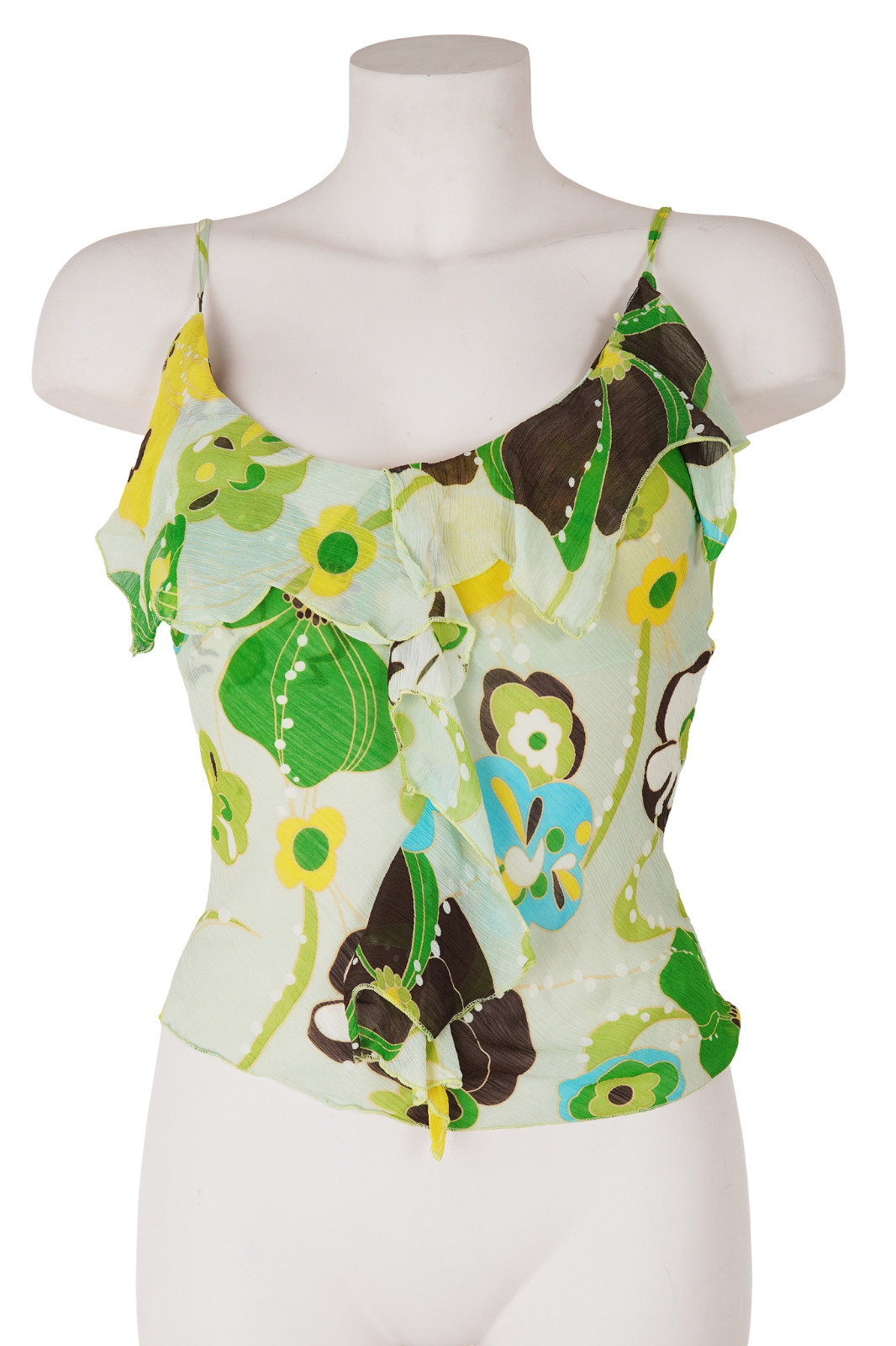 Top Vintage Seta Verde Floreale Y2K Fairycore Boho Coquette Volant S