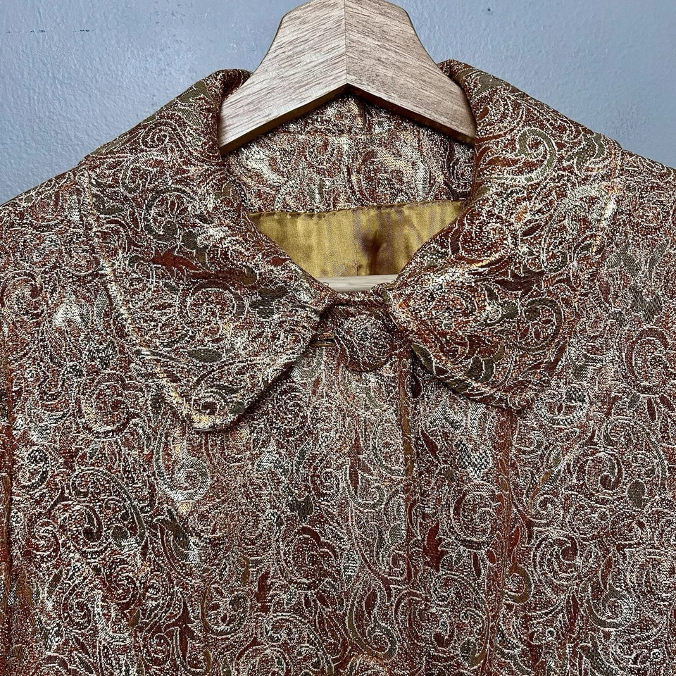 VTG 60s Metallic Burnt Orange & Gold Brocade Evening Long Coat Haute Couture 8 - Image 2 of 4
