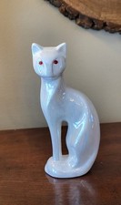 Vintage White Ceramic Cat Figurine Iridescent Red Eyes Mid-Century Modern 8.75"
