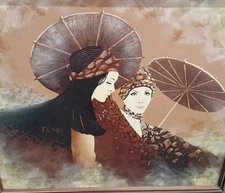 Vintage 1960's signed FRANCO Mod Hippie Chic Painting Women with Parasols