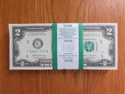CASH Money Lot of (100) $2 Dollar Bills New U.S. USD GEM Federal Reserve note.