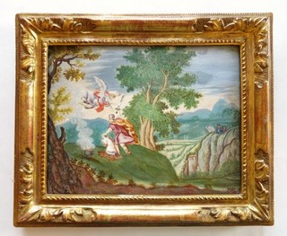 PEINTURE fin XVIIe. Le sacrifice d'Isaac. Gouache sur parchemin. CADRE du XVIIIe