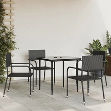 Garden Dining Set Black Poly Rattan, Steel, Tempered Glass