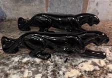 Vintage Pair Stalking 1950 Glossy Black Panther Figurine Statue 13” Royal Haeger