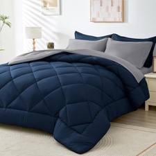 Comforter Set - 5-Piece All Season Bed in a Bag Ultra Twin Navy Blue Grey