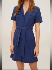 Mango Navy Textured Shirt Dress with Tie Belt